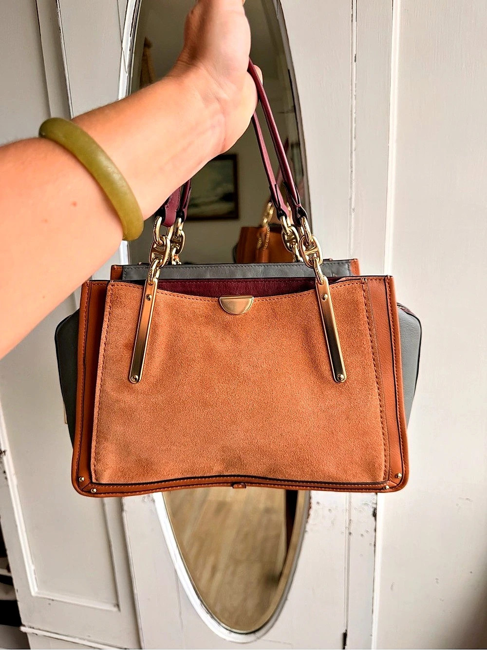 Coach Dreamer Satchel Colorblock Suede Satchel in Brown & Burgundy - Picture 6 of 11
